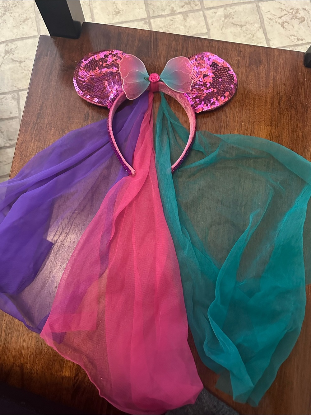 Disney Pink Sequin Mouse Ear Headband with Purple, Pink & Teal Veils